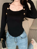 GORUNRUN-Ins Style Street Fashion Metal Button Decor Square Neck Knit Top