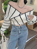 GORUNRUN-Ins Style Street Fashion Contrast Color Striped Cross Knit Top