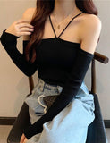 GORUNRUN-Ins Style Street Fashion One Shoulder Slim Fit   Halter Neck Casual Sweater