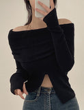 GORUNRUN-Ins Style Street Fashion Solid Color Off Shoulder Ribbed Knit Top