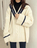 GORUNRUN-Ins Style Street Fashion Striped Trim V Neck Loose Sweater