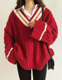 GORUNRUN-Ins Style Street Fashion Striped Trim V Neck Loose Sweater