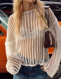 GORUNRUN-Ins Style Street Fashion Crochet Hollow Out Solid Color Loose Knit Top