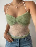 GORUNRUN-Ins Style Street Fashion Faux Fur Trim Patched Halter Crochet Camisole