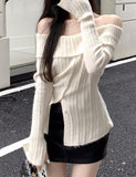 GORUNRUN-Ins Style Street Fashion One Shoulder Long White Knit Sweater For