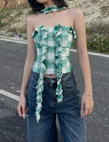 GORUNRUN-Ins Style Street Fashion Lettuce Edge Ruffled Ribbon Green Plaid Strapless Halter Camisole