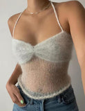 GORUNRUN-Ins Style Street Fashion Faux Fur Trim Patched Halter Crochet Camisole