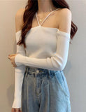 GORUNRUN-Ins Style Street Fashion One Shoulder Slim Fit   Halter Neck Casual Sweater