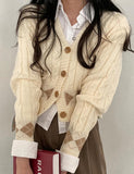 GORUNRUN-Ins Style Street Fashion Apricot Check Twist Button Sweater Cardigan