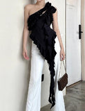 GORUNRUN-Ins Style Street Fashion One Shoulder Ruffle Fringe Backless Irregular Tank Top