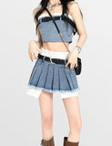 GORUNRUN-Ins Style Street Fashion Short Strapless Pleated Skirt Denim   Suit