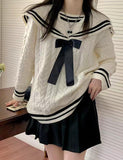 GORUNRUN-Ins Style Street Fashion Preppy Bow Loose Navy Neck Sweater