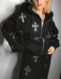 GORUNRUN-Ins Style Street Fashion Cross Graphic Rhinestone Zipper Loose Hoodie