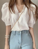 GORUNRUN-Ins Style Street Fashion Vintage V-neck Peated Puff Sleeve Lace Shirt