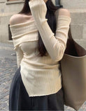 GORUNRUN-Ins Style Street Fashion Asymmetrical Rib Knit Long Sleeve One shoulder top