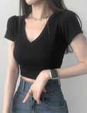 GORUNRUN-Ins Style Street Fashion Solid Color V Neck Casual Crop Top