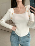 GORUNRUN-Ins Style Street Fashion Metal Button Decor Square Neck Knit Top