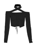 GORUNRUN-Ins Style Street Fashion Drawstring Cut-out Halter Crop Top