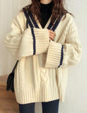 GORUNRUN-Ins Style Street Fashion Striped Trim V Neck Loose Sweater