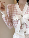 GORUNRUN-Ins Style Street Fashion Bowknot Decor Plaid Knit Cardigan