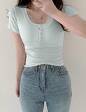 GORUNRUN-Ins Style Street Fashion Lace Paneling U-neck Short-sleeved Slim Top