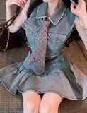 GORUNRUN-Ins Style Street Fashion Denim Vest High Waist A-Line Skirt Two-Piece Set