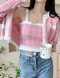 GORUNRUN-Ins Style Street Fashion Pink Check Knit Cropped Slip Coat