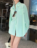 GORUNRUN-Ins Style Street Fashion Mint Stripe Print Loose Blouse