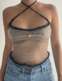 GORUNRUN-Ins Style Street Fashion Knot Shoulder Colorblock Crochet Camisole