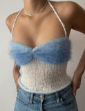 GORUNRUN-Ins Style Street Fashion Faux Fur Trim Patched Halter Crochet Camisole