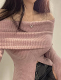 GORUNRUN-Ins Style Street Fashion Solid Color Off Shoulder Ribbed Knit Top