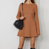 Gorunrun-hoco dresses -hoco dresses -2024 SPRING AUTUMN OUTFITS Leisure Round Neck Long Sleeve A Line Chunky Ribbed Knit Sweater Mini Dress