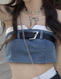 GORUNRUN-Ins Style Street Fashion Short Strapless Pleated Skirt Denim   Suit