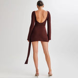 Gorunrun-hoco dresses -hoco dresses -2024 SPRING AUTUMN OUTFITS Sexy Backless Bell Sleeve Draped Ruched Bodycon Knit Mini Dress