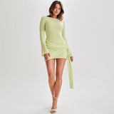 Gorunrun-hoco dresses -hoco dresses -2024 SPRING AUTUMN OUTFITS Sexy Backless Bell Sleeve Draped Ruched Bodycon Knit Mini Dress