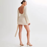 Gorunrun-hoco dresses -hoco dresses -2024 SPRING AUTUMN OUTFITS Sexy Backless Bell Sleeve Draped Ruched Bodycon Knit Mini Dress