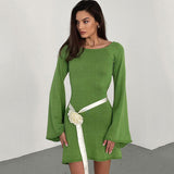 Gorunrun-hoco dresses -hoco dresses -2024 SPRING AUTUMN OUTFITS Sexy Boat Neck Roll Bell Sleeve Summer Bow Tie Backless Sweater Mini Dress