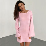 Gorunrun-hoco dresses -hoco dresses -2024 SPRING AUTUMN OUTFITS Sexy Boat Neck Roll Bell Sleeve Summer Bow Tie Backless Sweater Mini Dress