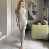 GORUNRUN-2024 SPRING AUTUMN OUTFITS Sexy Crew Neck Long Sleeve Ribbed Knit Bodycon Sweater Maxi Dress