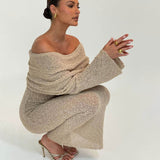 GORUNRUN-2024 SPRING AUTUMN OUTFITS Sexy Draped Off The Shoulder Sheer Popcorn Boucle Knit Sweater Maxi Dress