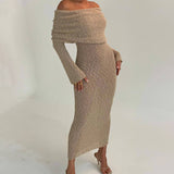 GORUNRUN-2024 SPRING AUTUMN OUTFITS Sexy Draped Off The Shoulder Sheer Popcorn Boucle Knit Sweater Maxi Dress