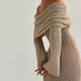 GORUNRUN-2024 SPRING AUTUMN OUTFITS Sexy Draped Off The Shoulder Sheer Popcorn Boucle Knit Sweater Maxi Dress