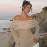 GORUNRUN-2024 SPRING AUTUMN OUTFITS Sexy Draped Off The Shoulder Sheer Popcorn Boucle Knit Sweater Maxi Dress