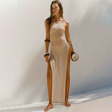 GORUNRUN-2024 SPRING AUTUMN OUTFITS Sexy Lace Up Back Thigh Split Summer See Through Crochet Knit Maxi Dress