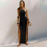 GORUNRUN-2024 SPRING AUTUMN OUTFITS Sexy Lace Up Back Thigh Split Summer See Through Crochet Knit Maxi Dress