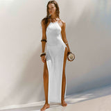 GORUNRUN-2024 SPRING AUTUMN OUTFITS Sexy Lace Up Back Thigh Split Summer See Through Crochet Knit Maxi Dress