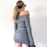 Gorunrun-hoco dresses -hoco dresses -2024 SPRING AUTUMN OUTFITS Sexy Off The Shoulder Folded Collar Long Sleeve Bodycon Ribbed Knit Mini Dress