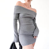 Gorunrun-hoco dresses -hoco dresses -2024 SPRING AUTUMN OUTFITS Sexy Off The Shoulder Folded Collar Long Sleeve Bodycon Ribbed Knit Mini Dress