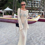 GORUNRUN-2024 SPRING AUTUMN OUTFITS Sexy Round Neck Bell Sleeve Backless Crochet Knit Maxi Dress