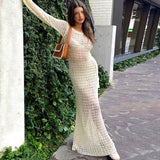 GORUNRUN-2024 SPRING AUTUMN OUTFITS Sexy Round Neck Bell Sleeve Backless Crochet Knit Maxi Dress